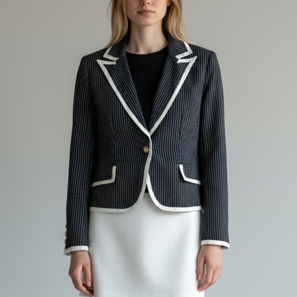 Nygard Collection‎ Women's Navy Pinstripe Cropped Blazer Sz 8 Quiet Luxury Corp